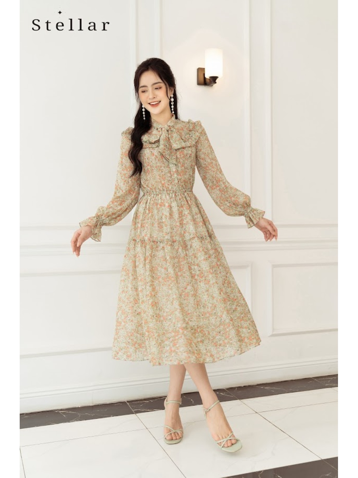 Đầm voan nơ cổ hoa nhí xanh cam