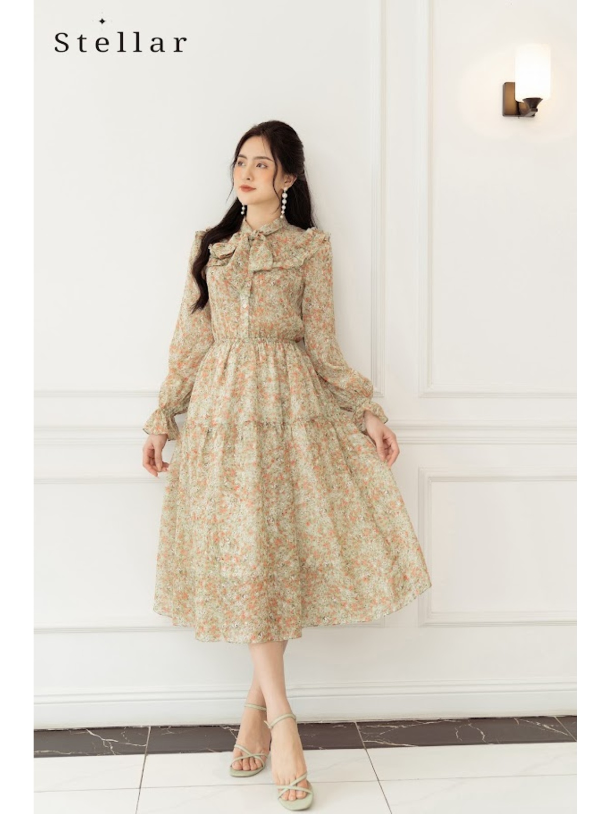 Đầm voan nơ cổ hoa nhí xanh cam