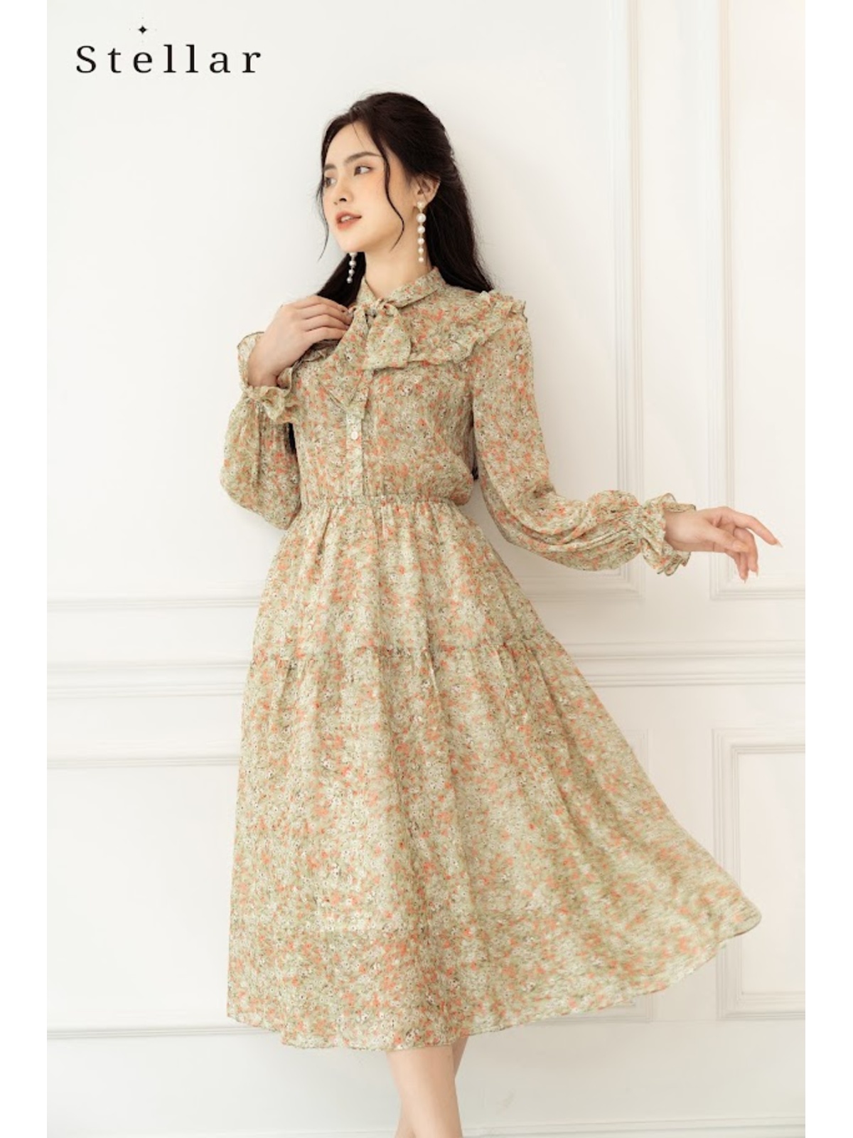 Đầm voan nơ cổ hoa nhí xanh cam