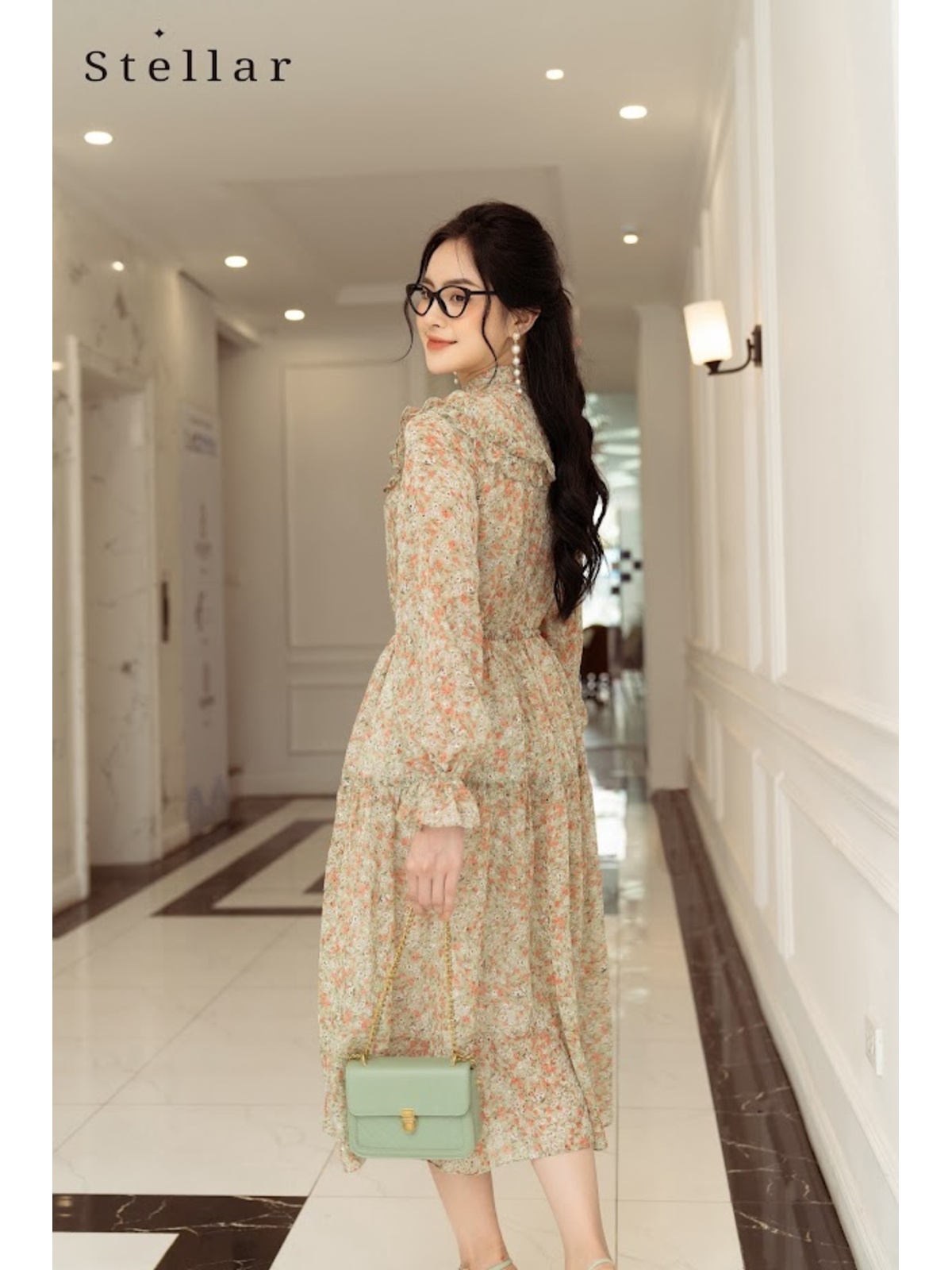 Đầm voan nơ cổ hoa nhí xanh cam