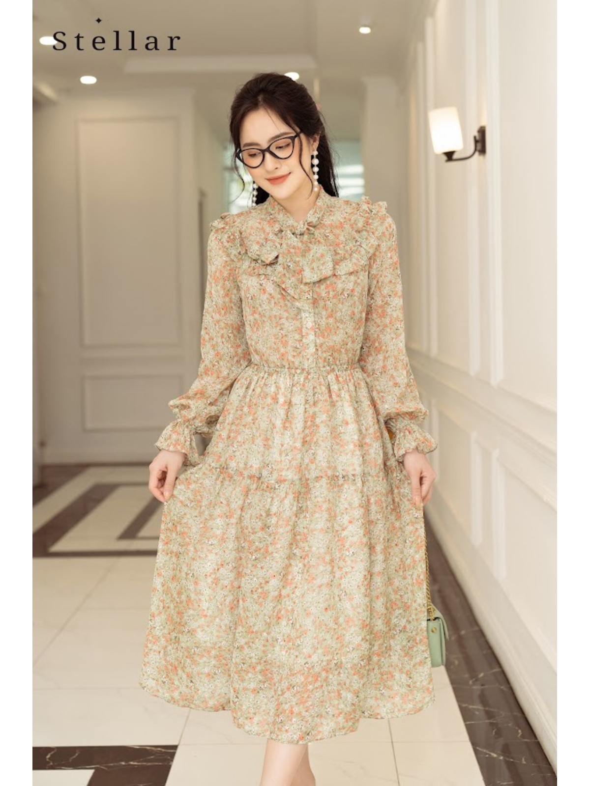 Đầm voan nơ cổ hoa nhí xanh cam