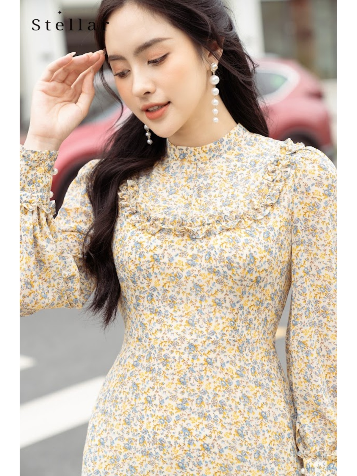 Đầm voan hoa nhí vàng nhạt