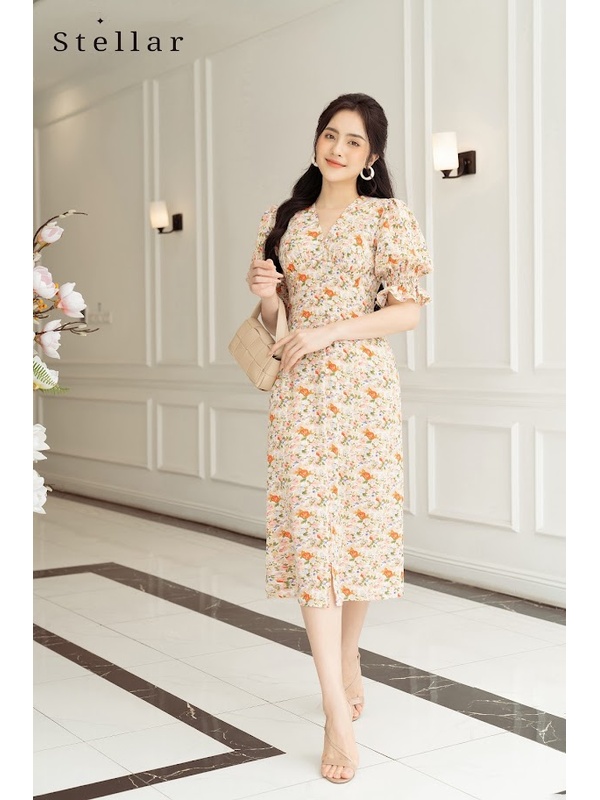 Đầm hoa midi tay bồng hoa cam nhạt