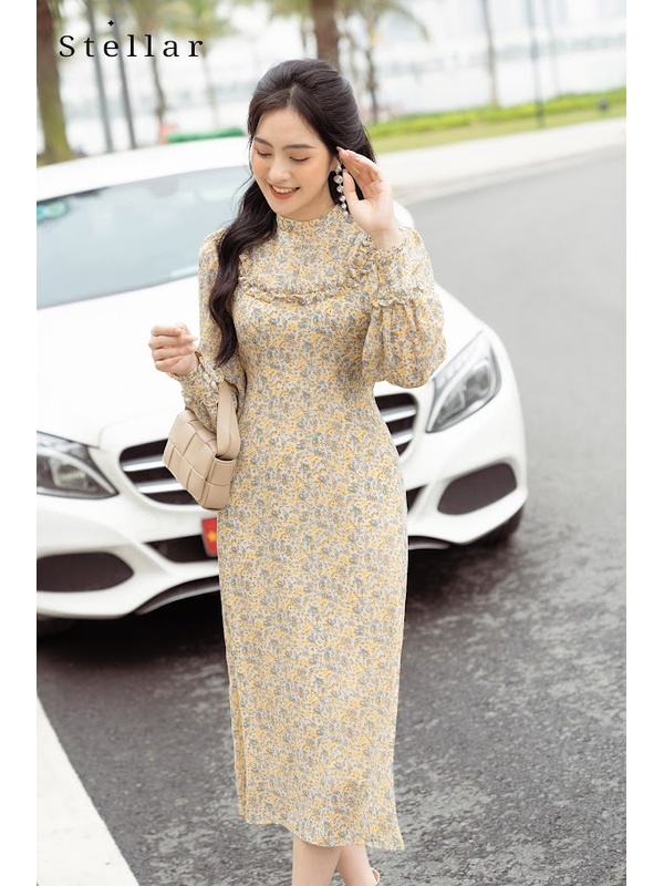 Đầm voan hoa nhí vàng nhạt