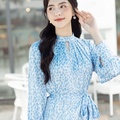 Đầm lụa hoạ tiết xanh da trời