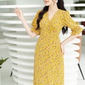 Đầm hoa midi tay bồng hoa vàng