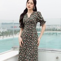 Đầm hoa midi tay bồng hoa xanh lá cây
