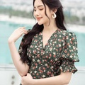 Đầm hoa midi tay bồng hoa xanh lá cây