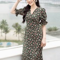 Đầm hoa midi tay bồng hoa xanh lá cây