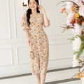 Đầm hoa midi tay bồng hoa cam nhạt