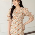 Đầm hoa midi tay bồng hoa cam nhạt