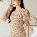 Đầm hoa midi tay bồng hoa cam nhạt