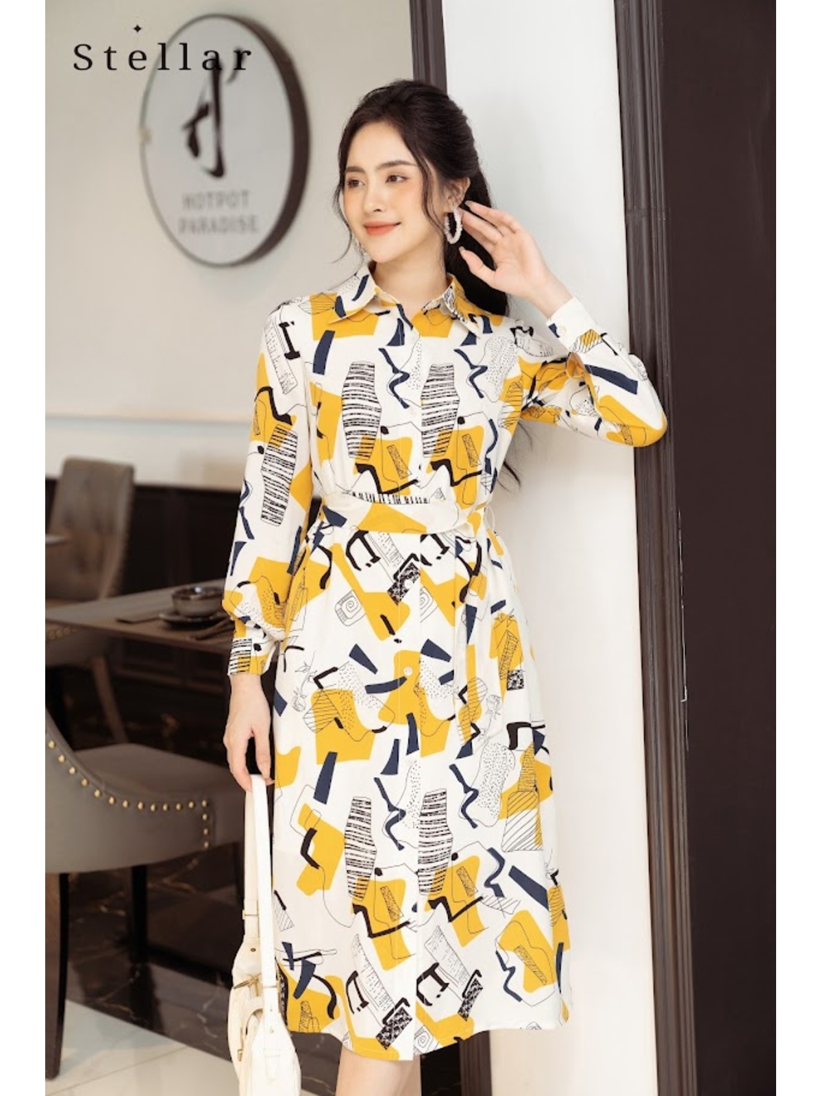 Đầm sơ mi hoạ tiết