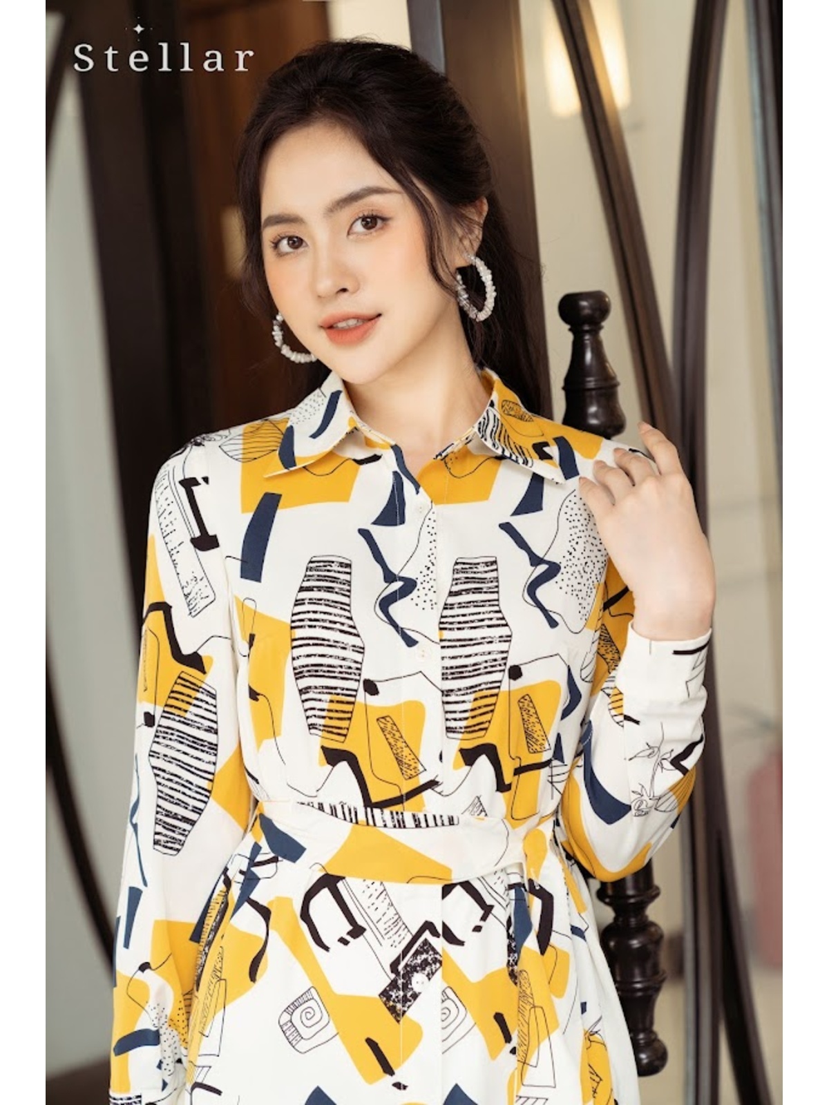 Đầm sơ mi hoạ tiết