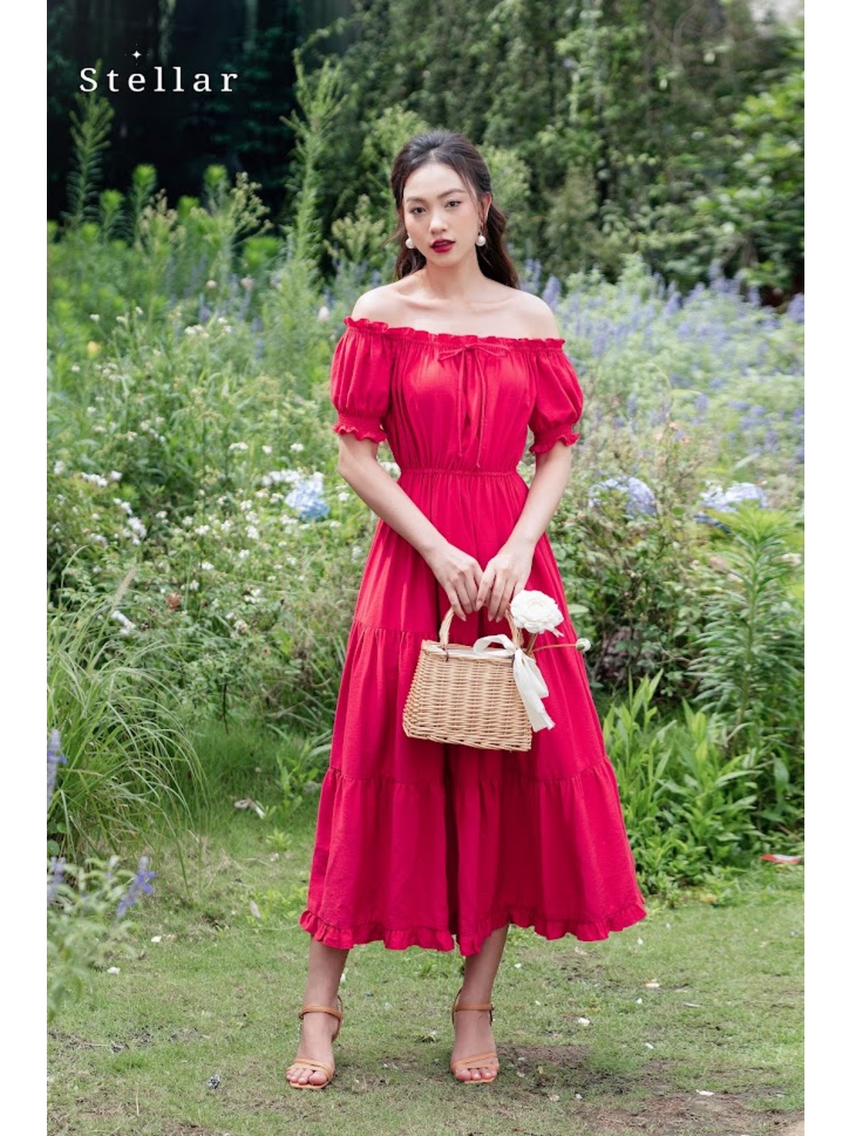 Đầm maxi tơ đỏ hồng