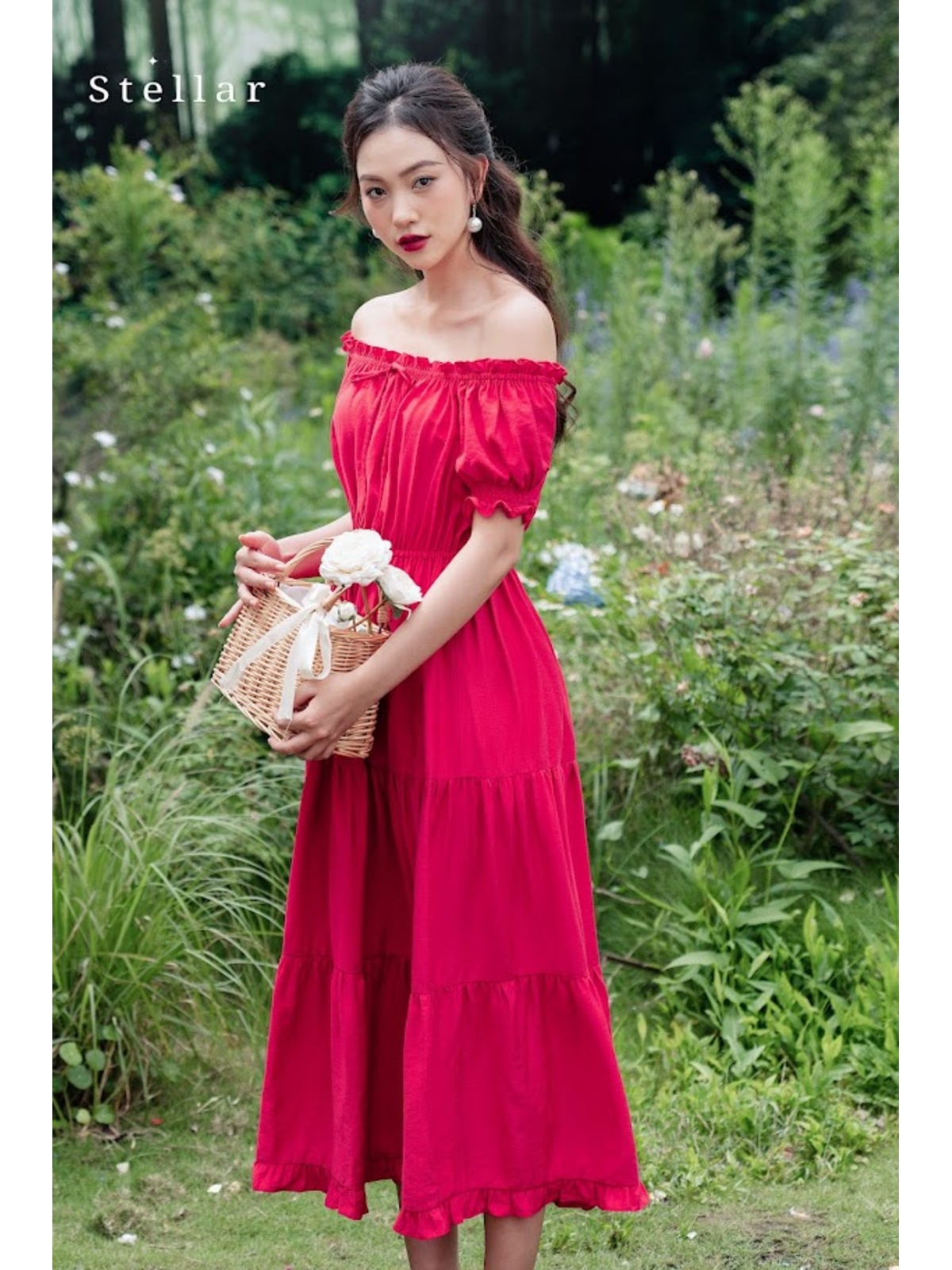 Đầm maxi tơ đỏ hồng