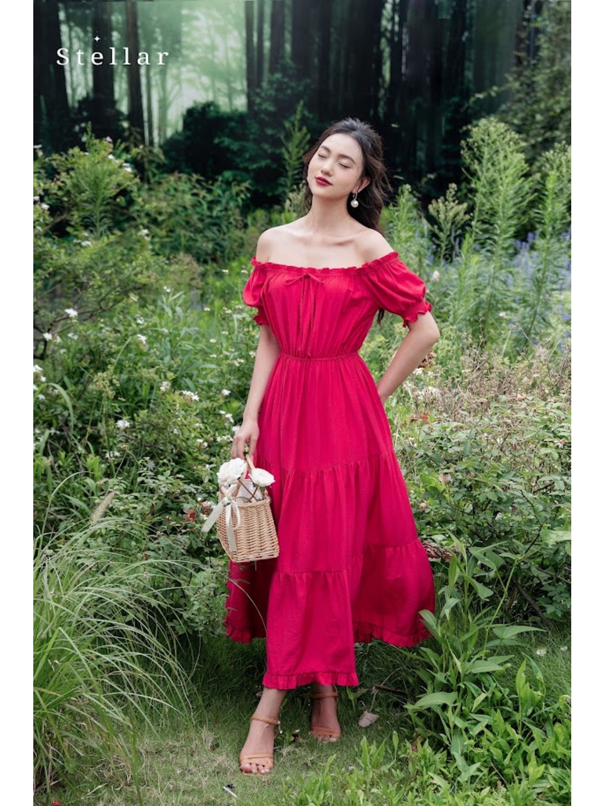 Đầm maxi tơ đỏ hồng