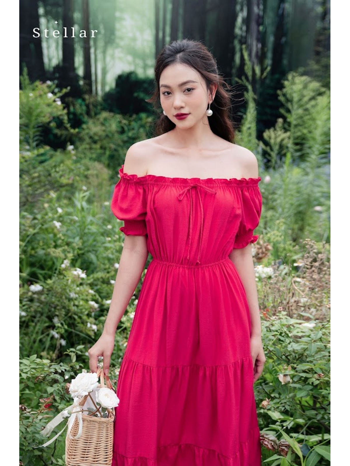 Đầm maxi tơ đỏ hồng