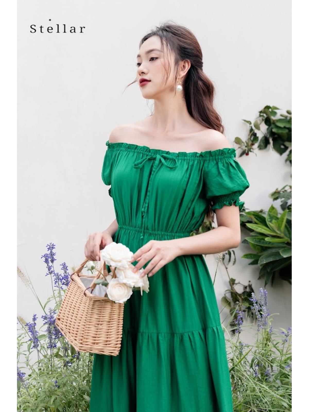 Đầm maxi tơ xanh lá cây