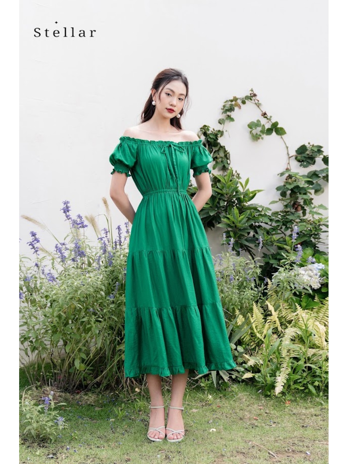 Đầm maxi tơ xanh lá cây