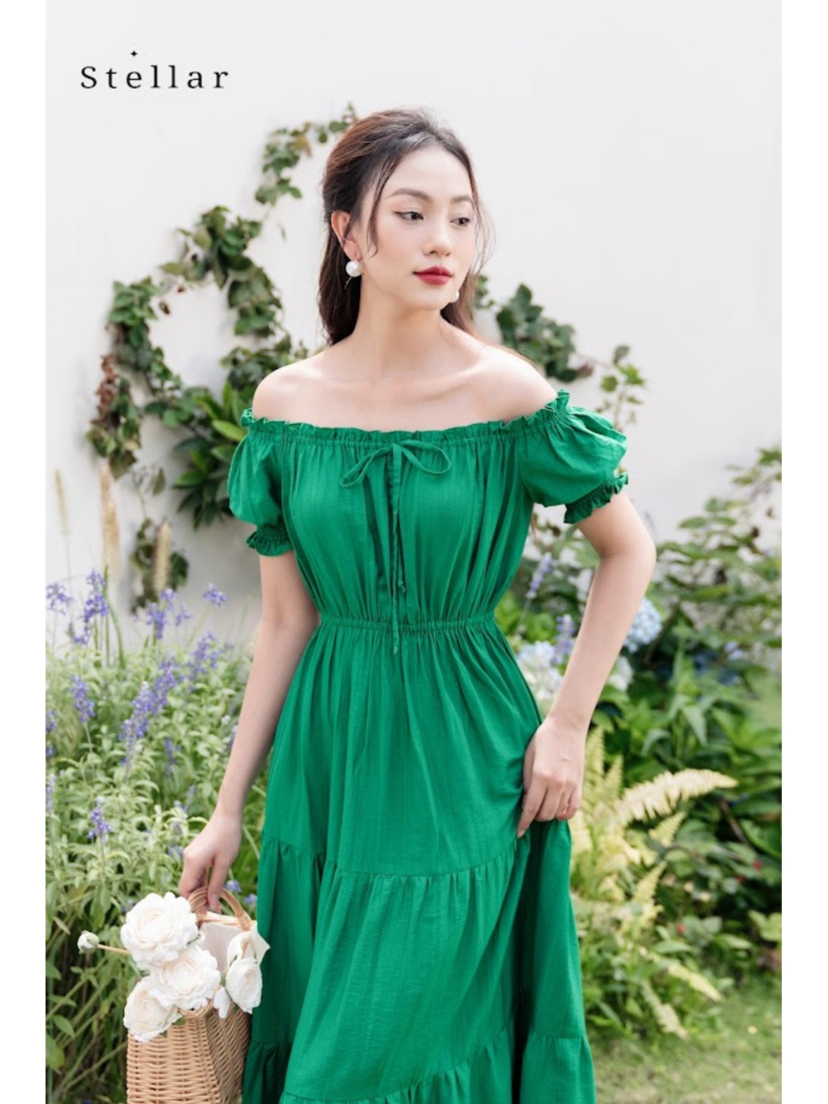 Đầm maxi tơ xanh lá cây