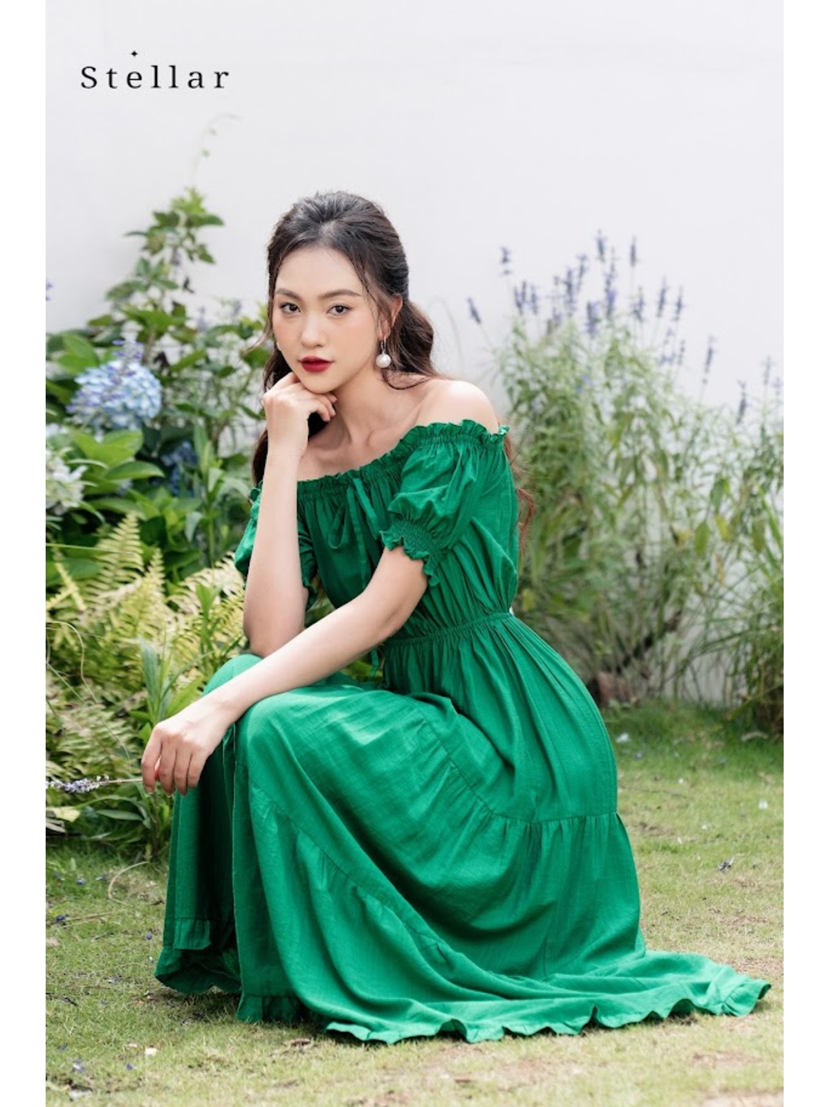 Đầm maxi tơ xanh lá cây