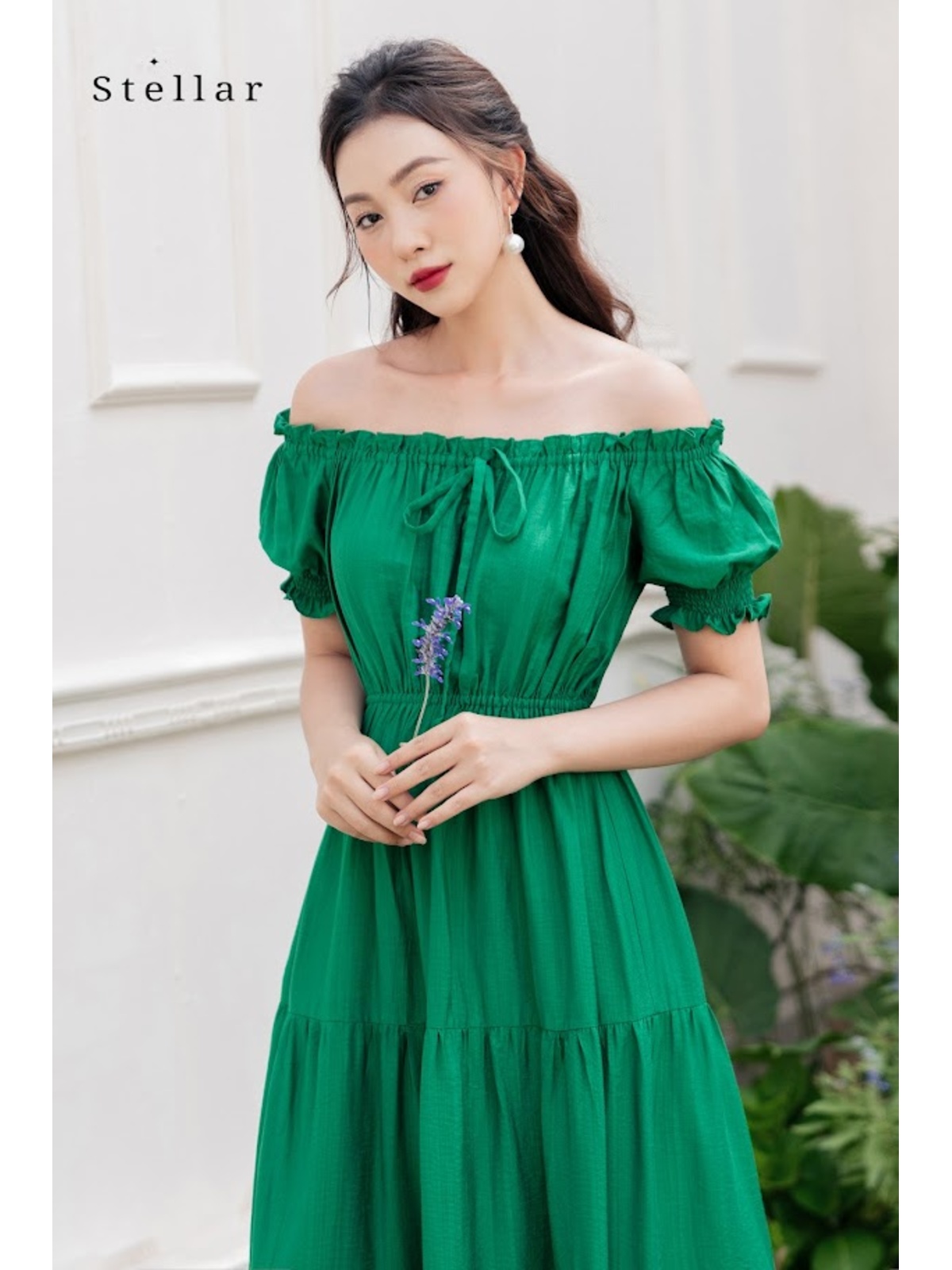 Đầm maxi tơ xanh lá cây