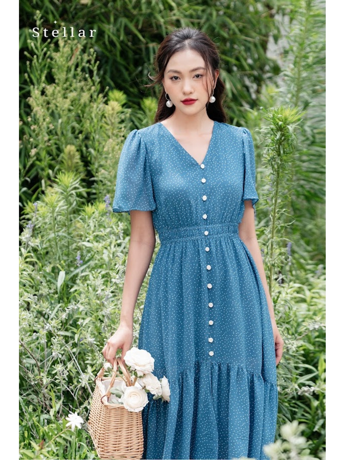 Đầm voan chấm bi xanh dương