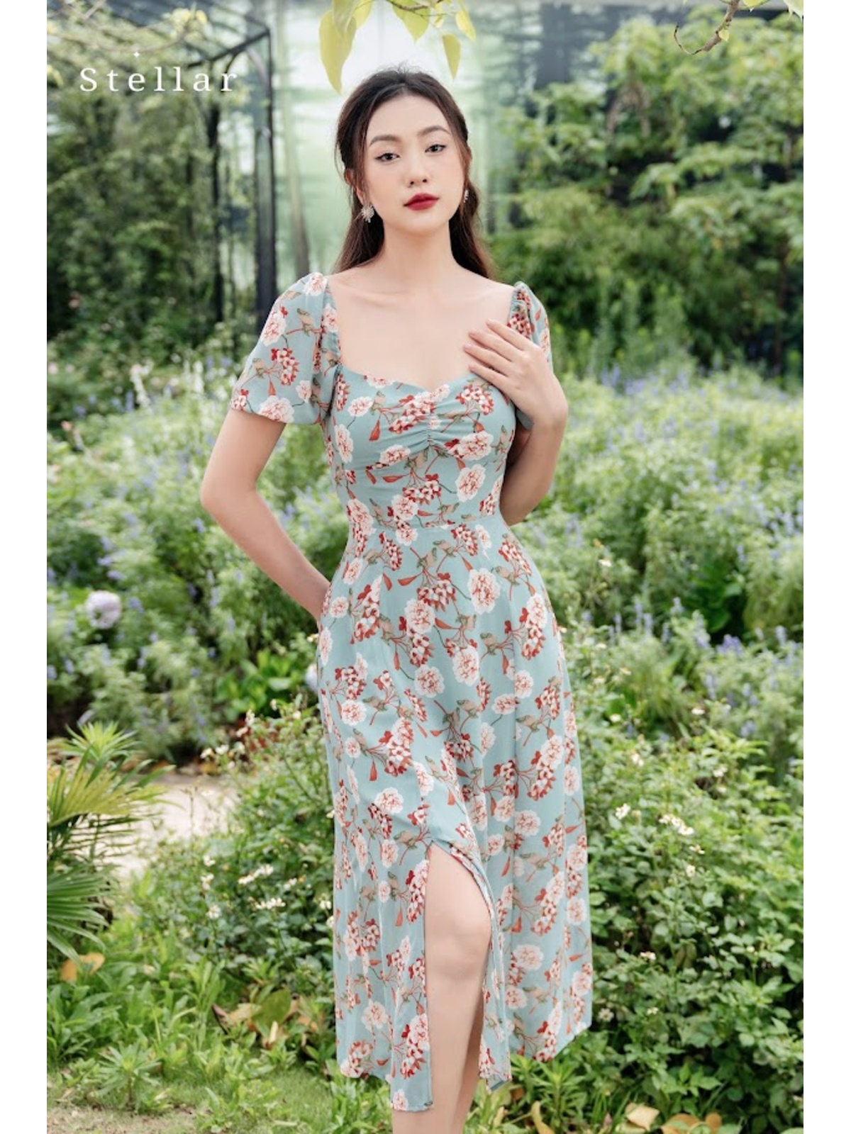 Đầm hoa xanh nâu chun tay