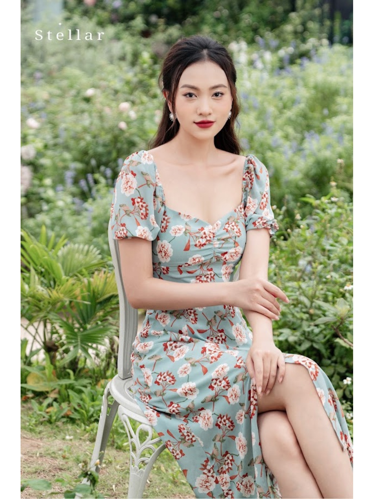 Đầm hoa xanh nâu chun tay