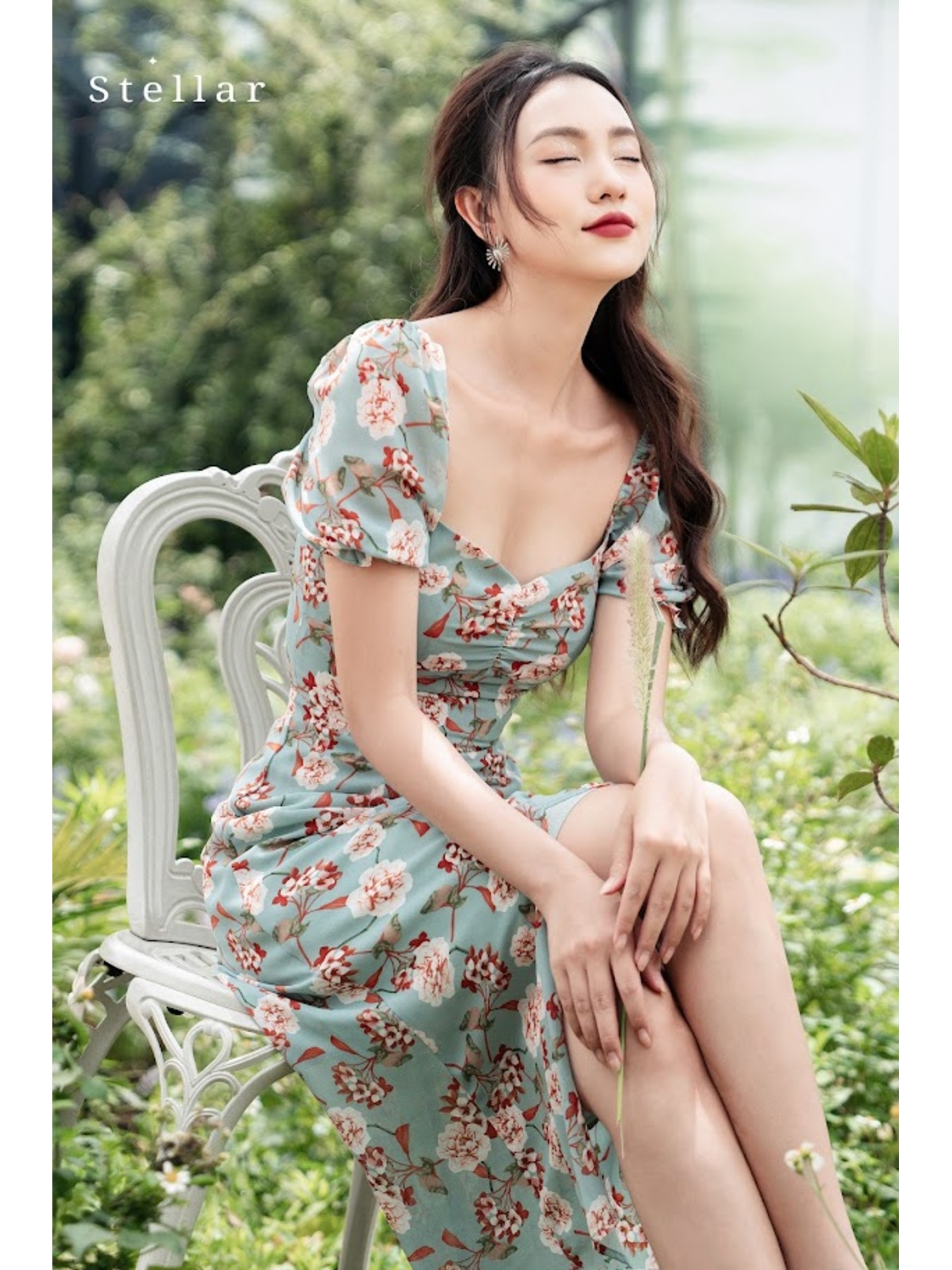 Đầm hoa xanh nâu chun tay