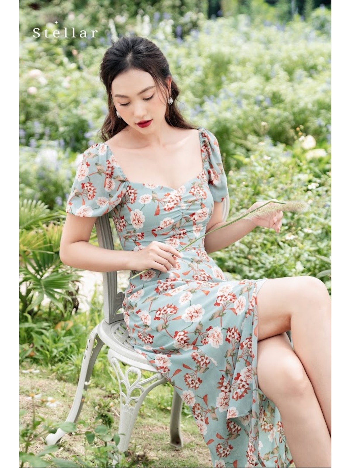 Đầm hoa xanh nâu chun tay