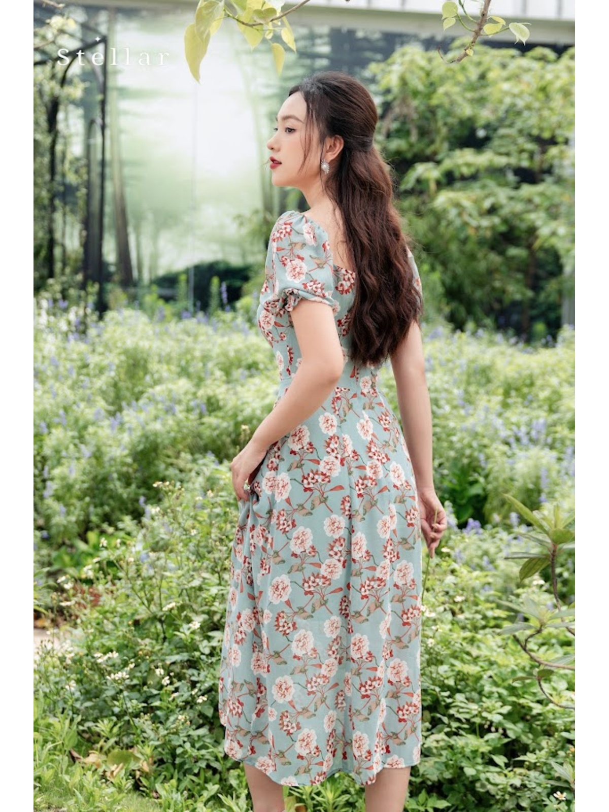 Đầm hoa xanh nâu chun tay