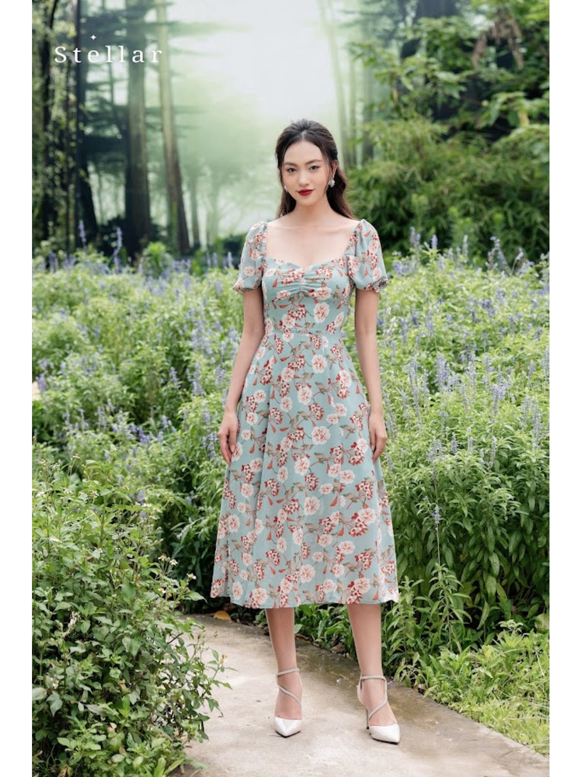 Đầm hoa xanh nâu chun tay