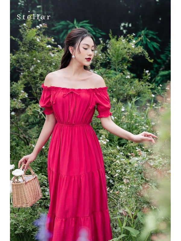 Đầm maxi tơ đỏ hồng