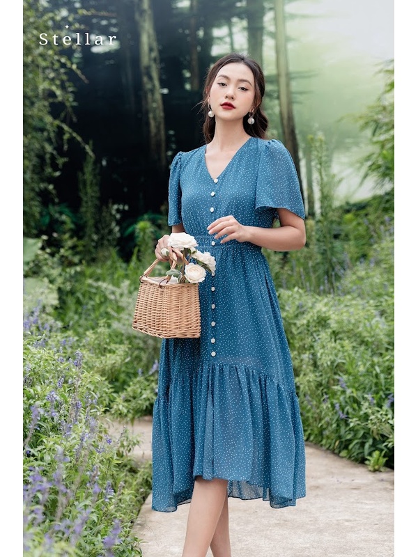 Đầm voan chấm bi xanh dương