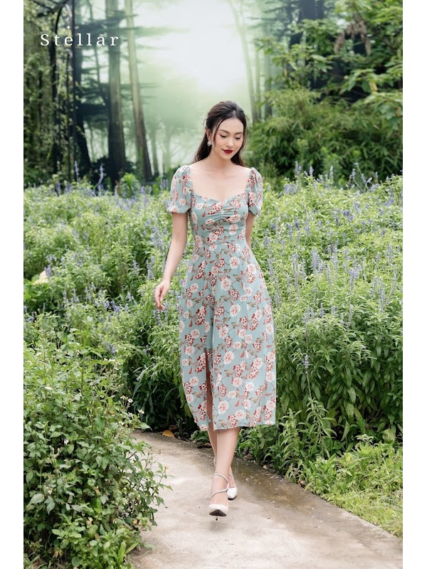 Đầm hoa xanh nâu chun tay