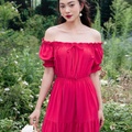 Đầm maxi tơ đỏ hồng