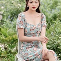 Đầm hoa xanh nâu chun tay