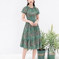 Đầm lụa hoạ tiết hoa lá xanh lá cây