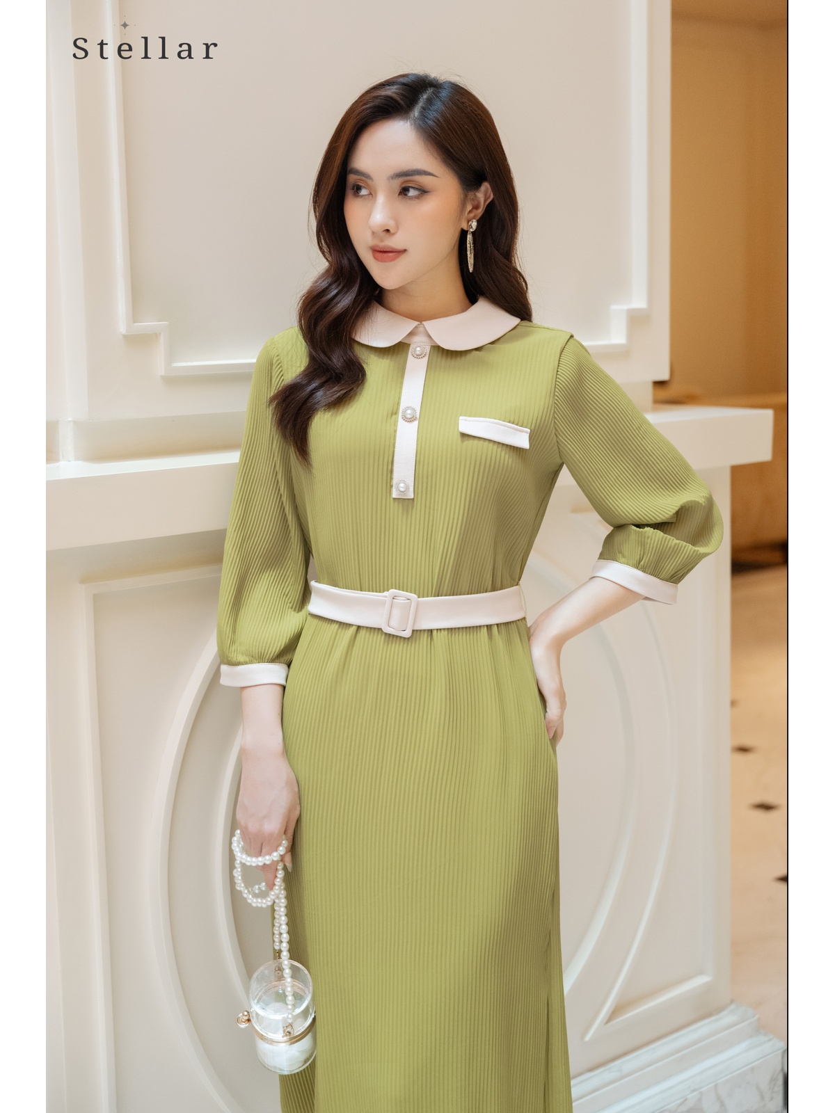 Đầm rập ly voan, màu bơ