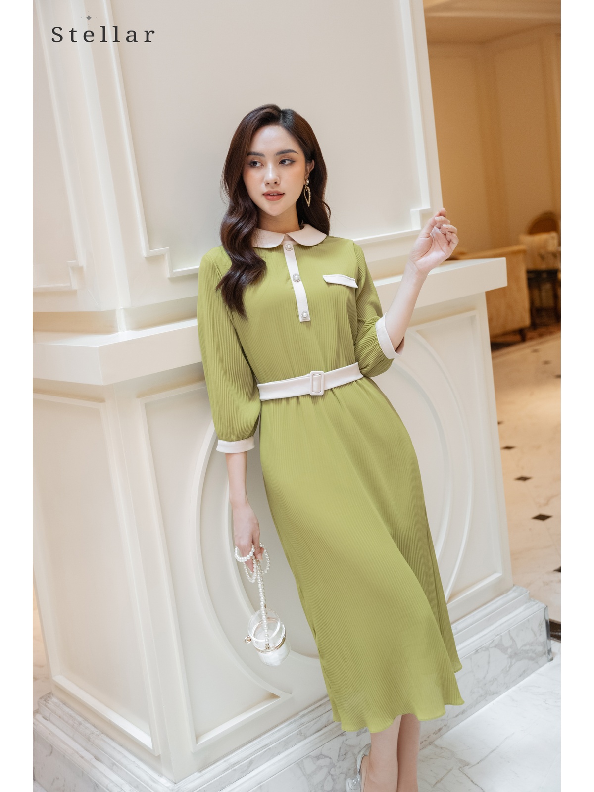 Đầm rập ly voan, màu bơ