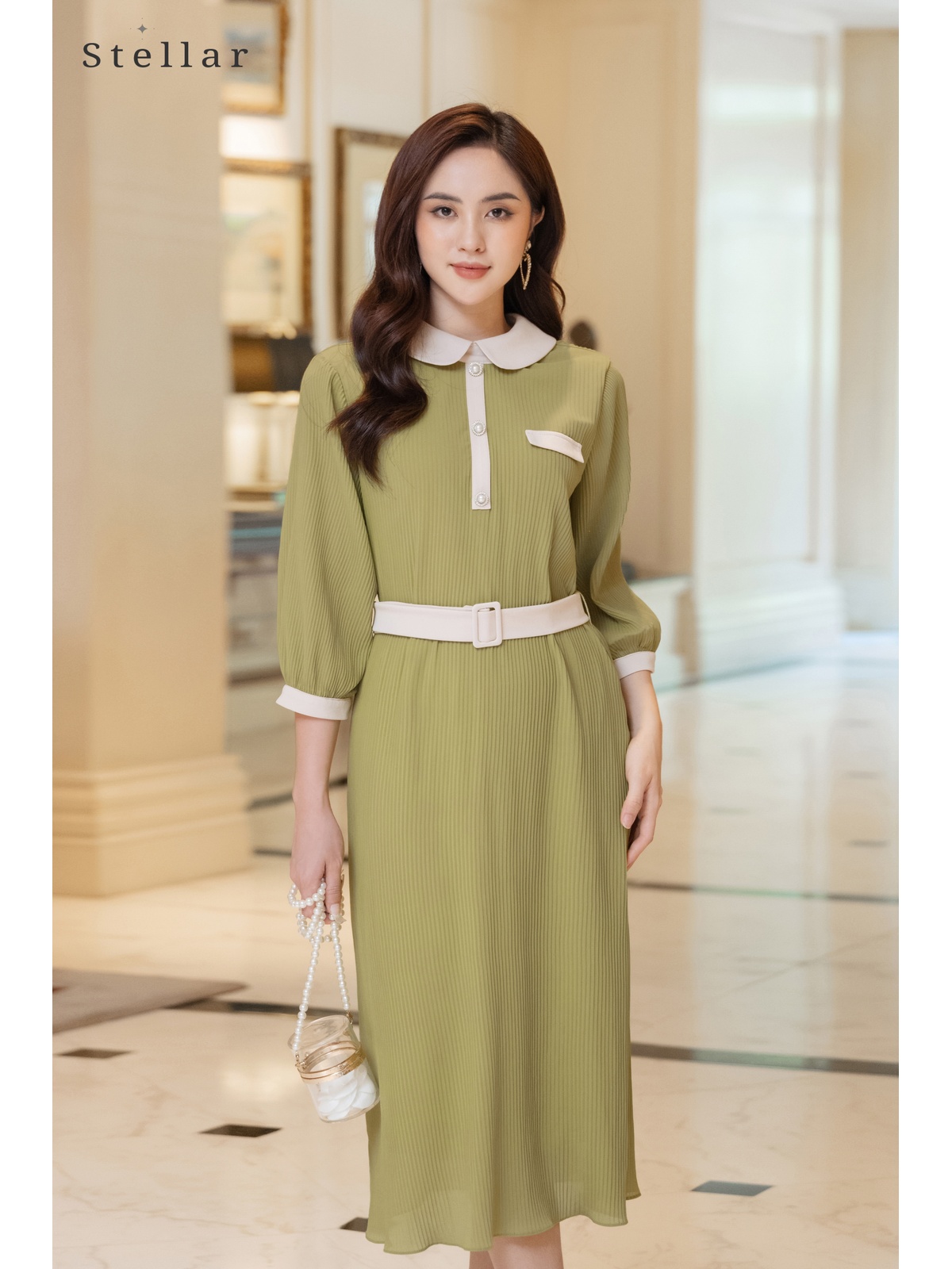 Đầm rập ly voan, màu bơ