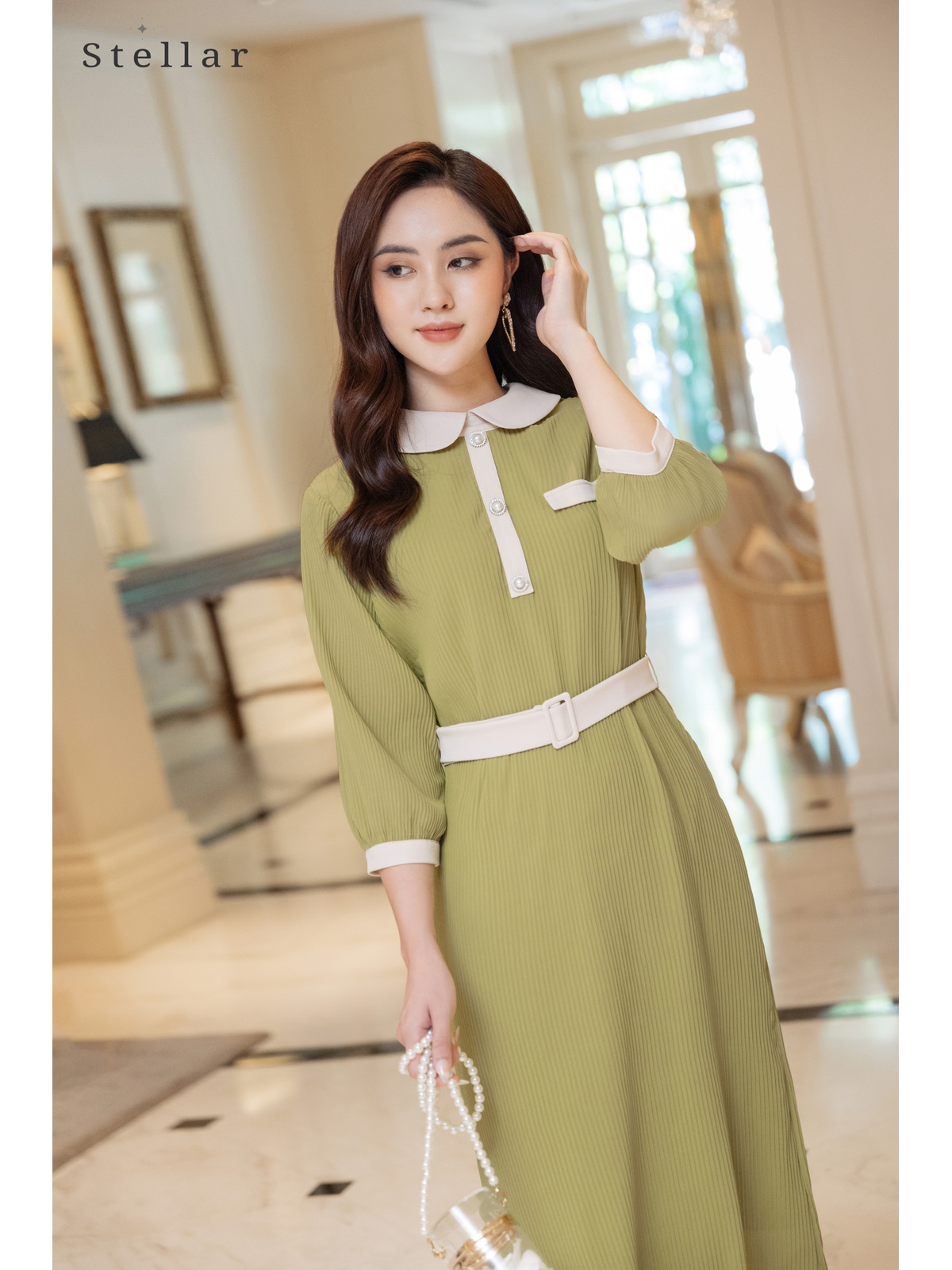 Đầm rập ly voan, màu bơ