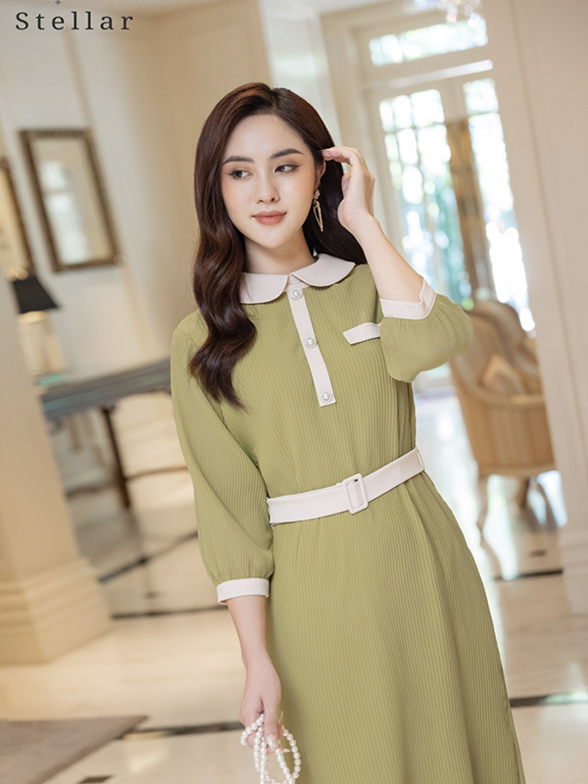 Đầm rập ly voan, màu bơ