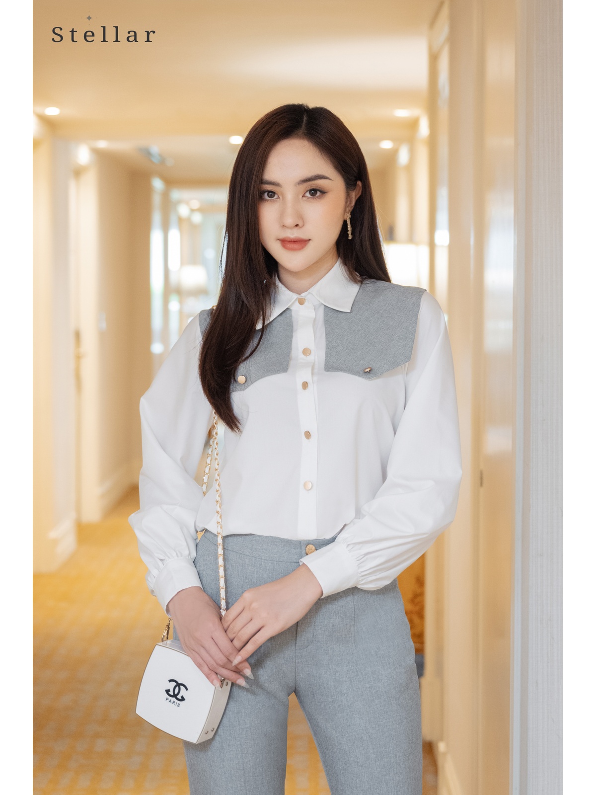 Quần baggy màu ghi, túi chéo