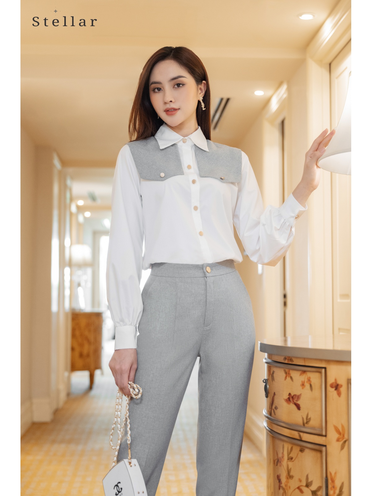 Quần baggy màu ghi, túi chéo