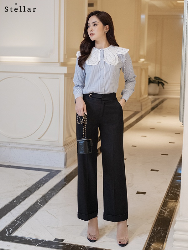 Quần xuông đen, lơ vê gấu, cài khoá vàng