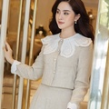 Áo vest dạ tweed be, phối cổ ren trắng
