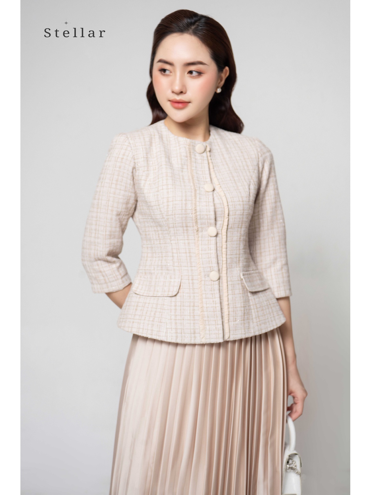 Áo dạ tweed kẻ caro chỉ nhung